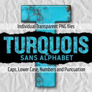May include: Turquoise sans serif alphabet font. The letters are made of a turquoise stone with a textured surface. The letters are uppercase, lowercase, numbers, and punctuation marks.