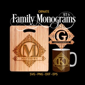 MONOGRAMA FAMILIAR Ormate - Set 6, (svg, png, eps, dxf) Grabado láser, Archivos de corte vectorial, Plantilla Glowforge, Archivo de corte para Cricut, Sublimación