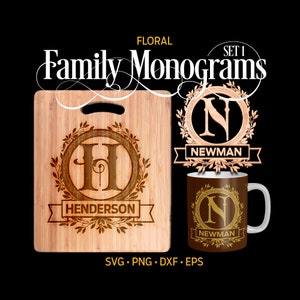 Floral FAMILIE MONOGRAMM - Set 1, (svg, png, eps, dxf) Lasergravur, Vektor geschnittene Dateien, Glowforge Vorlage, geschnittene Datei für Cricut, Sublimation
