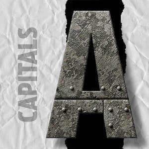 May include: A large, metal letter A with a rough, textured surface. The letter is made of gray metal and has a black background. The letter is slightly tilted to the right.