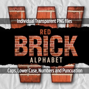 Puede incluir: Fuente de alfabeto de ladrillo rojo con letras individuales en mayúsculas, minúsculas, números y signos de puntuación. Cada letra es un archivo PNG transparente.