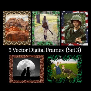 May include: Five digital vector frames are shown, each with a distinct design. The frames contain images of a desert landscape, a person with a guitar, a soldier, a silhouette of two animals under a full moon, and a person with a dog. The text "5 Vector Digital Frames (Set 3)" is also present.