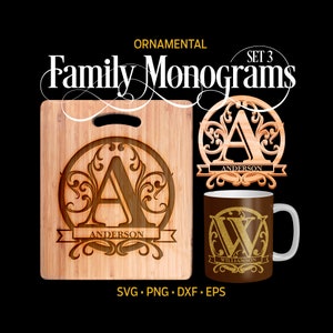 Puede incluir: Conjunto de monogramas familiares ornamentales, serie 3, que incluye un diseño de archivo de corte de un monograma decorativo con la letra A y el nombre Anderson, un diseño de archivo de corte de un monograma decorativo con la letra W y el nombre Williamson, y un diseño de archivo de corte de un monograma decorativo con la letra A y el nombre Anderson.