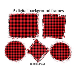 May include: Five digital background frames in various shapes, featuring a red and black buffalo plaid pattern. The frames include a rectangle, a square, a circle, a diamond, and a second circle. The text "Buffalo Plaid" is at the bottom.