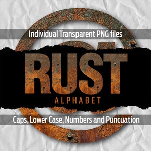 May include: A rusty alphabet font with the word "RUST" in all caps. The font is set against a black background with a torn edge. The text "Individual Transparent PNG files" and "Caps, Lower Case, Numbers and Punctuation" are visible above and below the word "RUST".