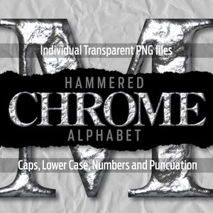 May include: A hammered chrome alphabet font set. The letter M is shown in a silver chrome finish with a textured hammered effect. The text "HAMMERED CHROME ALPHABET" is displayed in black on a torn black background. The text "Individual Transparent PNG files" is displayed in white on a gray background. The text "Caps, Lower Case, Numbers and Punctuation" is displayed in white on a gray background.