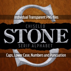 May include: Chiseled Stone Serif Alphabet font in a silver color with a textured stone effect. The font is displayed in all caps with the word "STONE" in the center. The text "Individual Transparent PNG files" is at the top of the image and the text "Caps, Lower Case, Numbers and Puncuation" is at the bottom of the image.