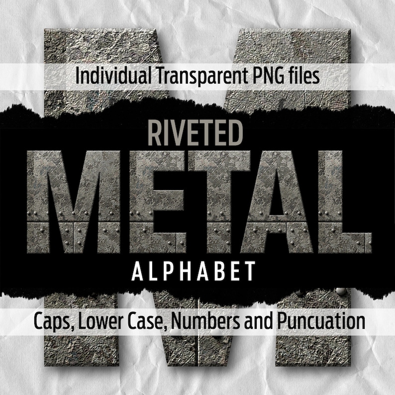 May include: A metal alphabet font with a riveted design. The letters are uppercase and have a worn, industrial look. The text "RIVETED METAL ALPHABET" is displayed above the letters. The text "Caps, Lower Case, Numbers and Punctuation" is displayed below the letters.