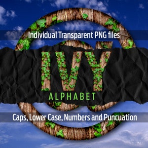 May include: A green ivy alphabet with the word "IVY" in large letters and the word "ALPHABET" in smaller letters below. The letters are made of green ivy growing on a wooden background. The image is set against a blue sky with white clouds.