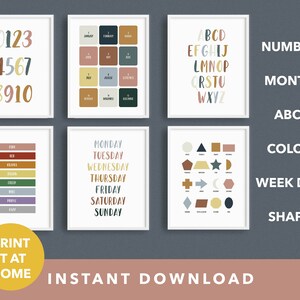 Set of 6 Kids Room Prints | Educational Wall Art for Playroom | ABC&#39;s and 123&#39;s | Days of the week  | Months of The Year | Instant Download