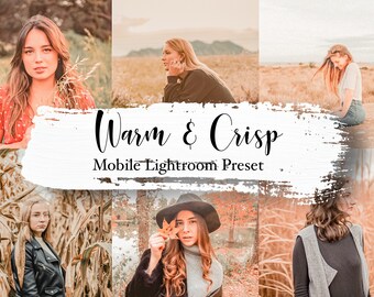 Puede incluir: Un collage de imágenes con una mujer en diferentes atuendos y entornos. Las imágenes están editadas con un preset de Lightroom móvil cálido y nítido. El texto "Warm & Crisp Mobile Lightroom Preset" se muestra en un fondo de pinceladas blancas.