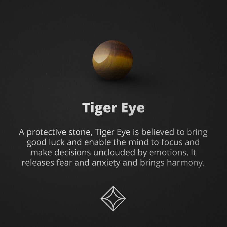 Peut inclure: Une pierre pr&eacute;cieuse &oelig;il de tigre polie et sph&eacute;rique, aux tons bruns et dor&eacute;s chauds. L'image comprend le texte "Tiger Eye" et une description des propri&eacute;t&eacute;s de la pierre.