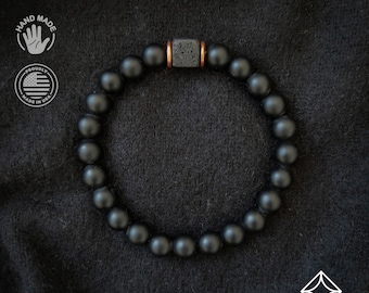 Spedizione gratuita veloce - Bracciale in onice nero opaco con cubo di equilibrio lavico, bracciale da uomo, bracciale elasticizzato, braccialetto curativo - Elementi essenziali per il viaggio