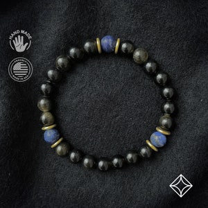 Pulseira de contas de obsidiana negra e lápis-lazúli - Joias com pedras preciosas para homem