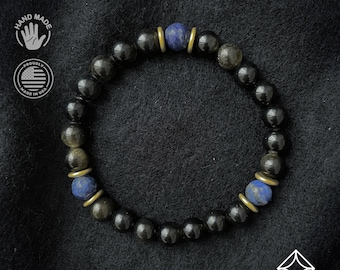 Black Obsidian & Lapis Lazuli Beaded Bracelet - Men's Gemstone Jewelry