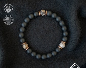 Anxiety Relief Bracelet - Miracle Healing: Handmade Matte Black Onyx with Rare Wooden Opal - 8mm Beads - Popular Gift on Etsy.