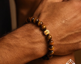 Men’s Tiger Eye Bracelet with 22K Gold-Plated Bead, Handmade Gemstone Stretch Bracelet