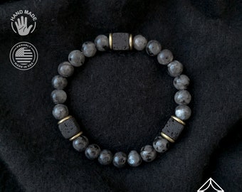 Larvikite with Cube Lava Balance Bracelet - Meditation Bracelet - Stretch Bracelet - Healing Bracelet - 8mm beads