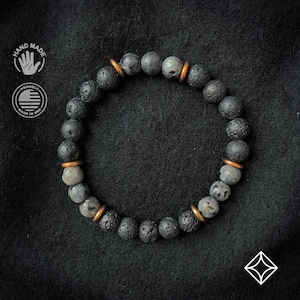 Pulseira masculina de lava e larvikita - Pulseira masculina - Joias masculinas - Pulseira elástica - Pulseira com pedras preciosas