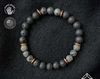 Mens Fashion, Lava and Larvikite Bracelet - Men Bracelet - Men Jewelry - Stretch Bracelet - Gemstone Bracelet