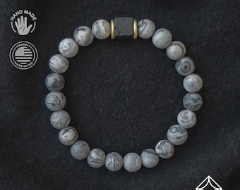 Grey Picasso Jasper and Lava - Focus Bracelet - 8mm