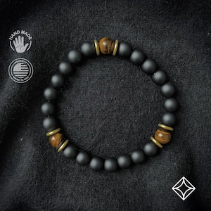 Pulseira de ônix preta fosca e olho de tigre - Pulseira masculina - Pulseira elástica - Pulseira de cura - Contas de 8 mm