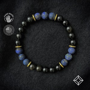 Pulsera de obsidiana negra y lapislázuli - Pulsera para hombre - Joyería para hombre - Pulsera elástica - Pulsera de cuentas para hombre - Pulsera de cuentas - Cuentas de 8 mm