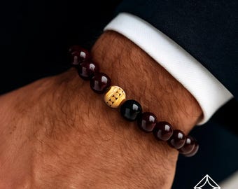 Men’s Red Garnet Bracelet with 22K Gold-Plated Bead, Gemstone Stretch Bracelet