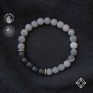 Grey Picasso Jasper and Onyx - Strength Bracelet - 8mm