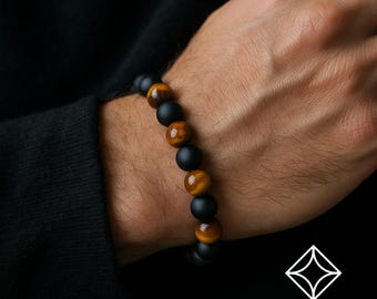 Bracelet de perles pour homme • Bracelet oeil de tigre • Bracelet en onyx noir mat et oeil de tigre • Cadeau pour lui • Bracelet en perles pour homme • Cadeau pour elle