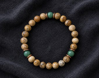 Men’s Sand Jasper & Jade Bracelet, Natural Gemstone Stretch Bracelet