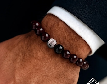 Pulseras de cuentas de plata para hombre • Pulsera para hombre • Pulsera de granate rojo • Pulsera de cristal curativo • Joyería para hombre • Regalo para hombre