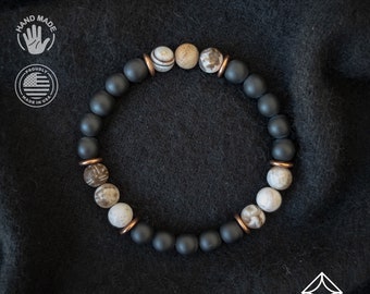 Matte Black Onyx and Rare Wooden Opal Bracelet - Bracelet - Men Jewelry - Stretch Bracelet - Men Bead Bracelet - Heal Bracelet - 8mm beads