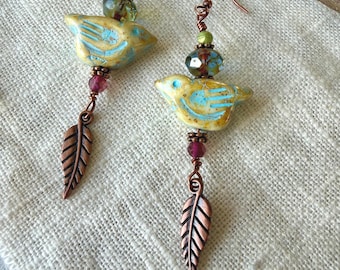 Copper Bird Dangle Earrings with Czech Glass and Leaf Charm