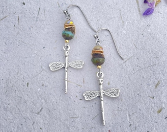 Dragonfly Dangle Earrings with Czech Glass Beads, Silver Tone Drop Earrings