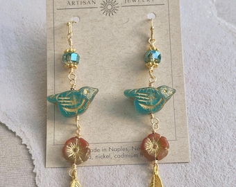 Bird Dangle Earrings, Czech Glass Jewelry, Gold Leaf Charm, Nature Inspired Earrings