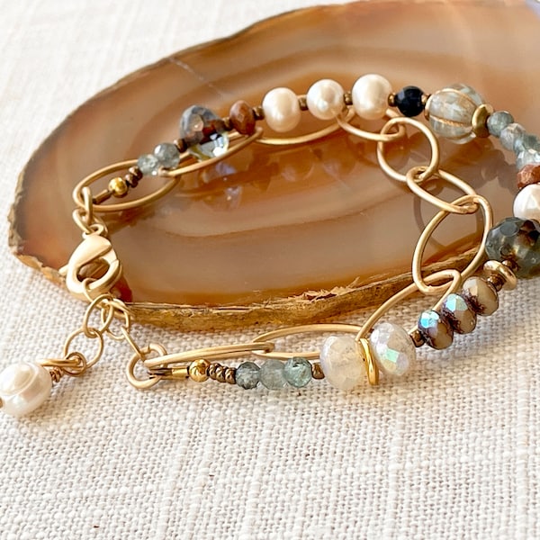 Multi-Strand Gold Chain Bracelet: Freshwater Pearls & Semiprecious Stones