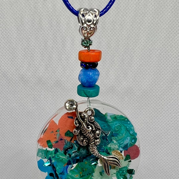 Large Round Resin necklace with Mermaid charm
