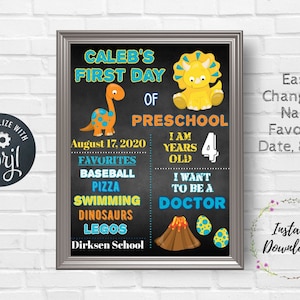 Editable Dinosaur Back to School Sign, Preschool, Pre-K, First Day of School, Chalkboard, Poster, Jurassic, T-Rex, DIY, Any Grade, Corjl