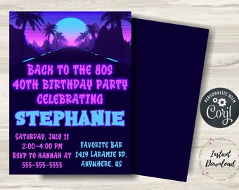 Editable 80s Birthday Party Invitation, 1980s Birthday, Neon, 30th Birthday, Retro 80s, Instant Download, 80s Party, Printable