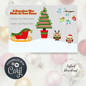 Cartão editável de doação e contribuição de Natal, trenó, doação, corujas, cartões de doação personalizados, cartão de caridade, presente de Natal, em vez de
