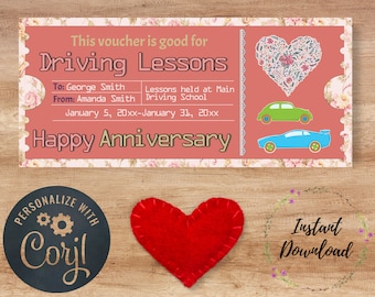Editable Driving Lessons Anniversary Voucher, Gift Certificate, Gift Voucher, Surprise Present, Voucher, Anniversary Present, Printable