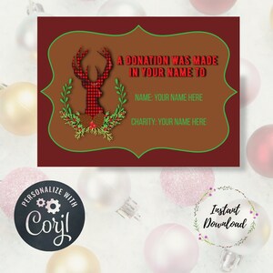 Tarjeta de donación y contribución navideña editable, ciervo, reno, donación, tarjetas de donación personalizadas, tarjeta de caridad, regalo de Navidad, en lugar de