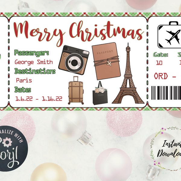 Editable Christmas Boarding Pass, Ticket, Gift Voucher, Vacation, Surprise Present, Voucher, Paris Ticket, Eiffel Tower, Paris Holiday