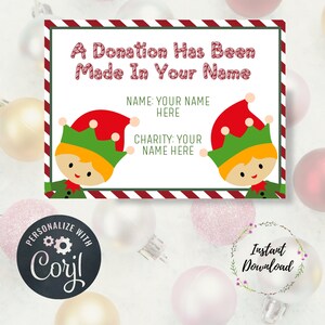 Cartão editável de doação e contribuição de Natal, duende de Natal, doação, faça você mesmo, cartões de doação personalizados, cartão de caridade, presente de Natal, em vez de