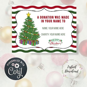 Tarjeta de donación y contribución navideña editable, caridad navideña, donación, tarjetas de donación personalizadas, tarjeta de caridad, regalo de Navidad, en lugar de