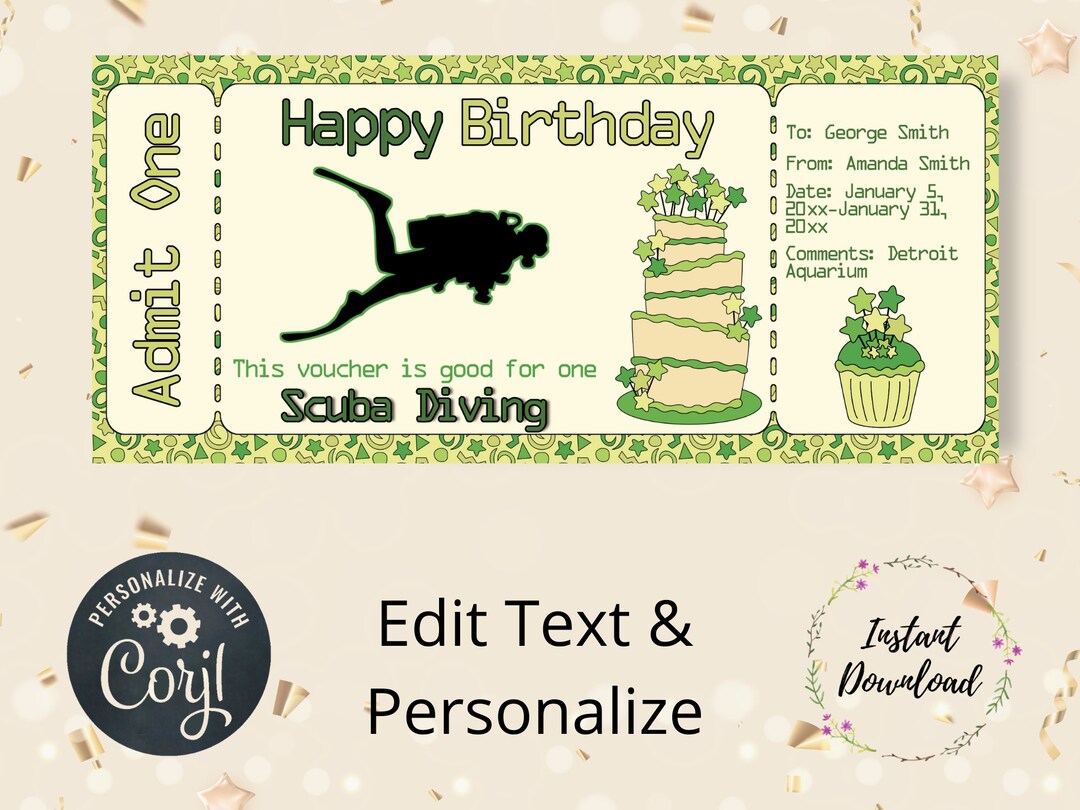 Editable Scuba Diving Birthday Voucher, Gift Certificate, Gift Voucher