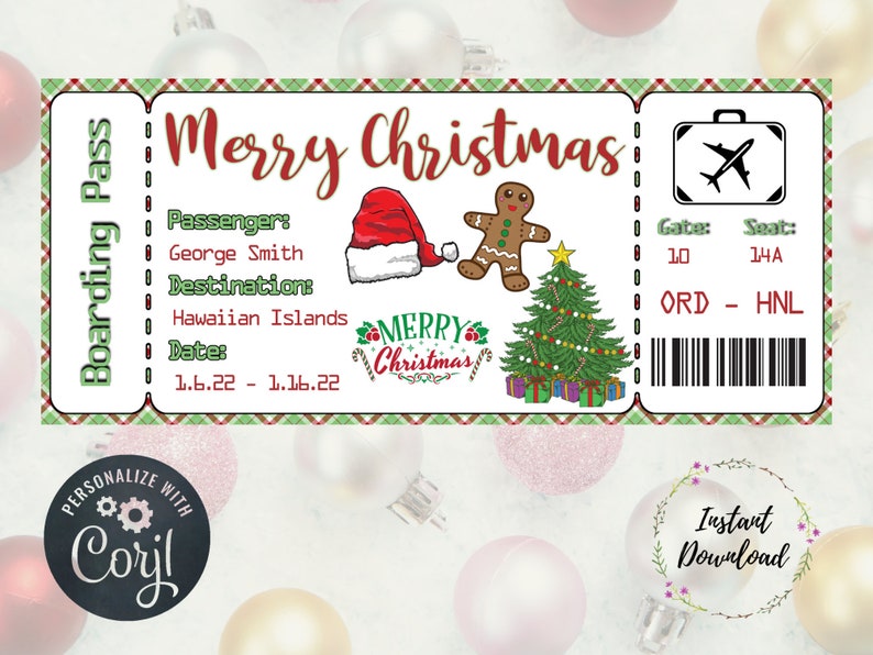 Editable Christmas Boarding Pass, Merry Christmas, Ticket, Gift Voucher