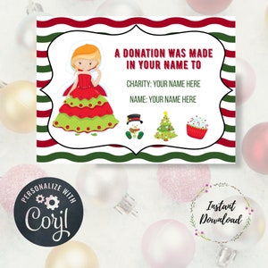 Tarjeta de donación y contribución navideña editable, Princesa, Hágalo usted mismo, Donación, Tarjetas de donación personalizadas, Tarjeta de caridad, Regalo de Navidad, En lugar de