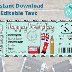 Editierbare Geburtstagskarte, Ticket, Geschenkgutschein, Urlaub, Überraschungsgeschenk, Gutschein, London Ticket, Royal, London Holiday